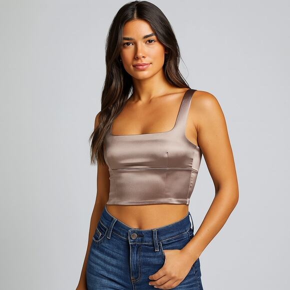 Aritzia Wilfred SZ M Brown Satin Crop Tank Fitted - Picture 1 of 5